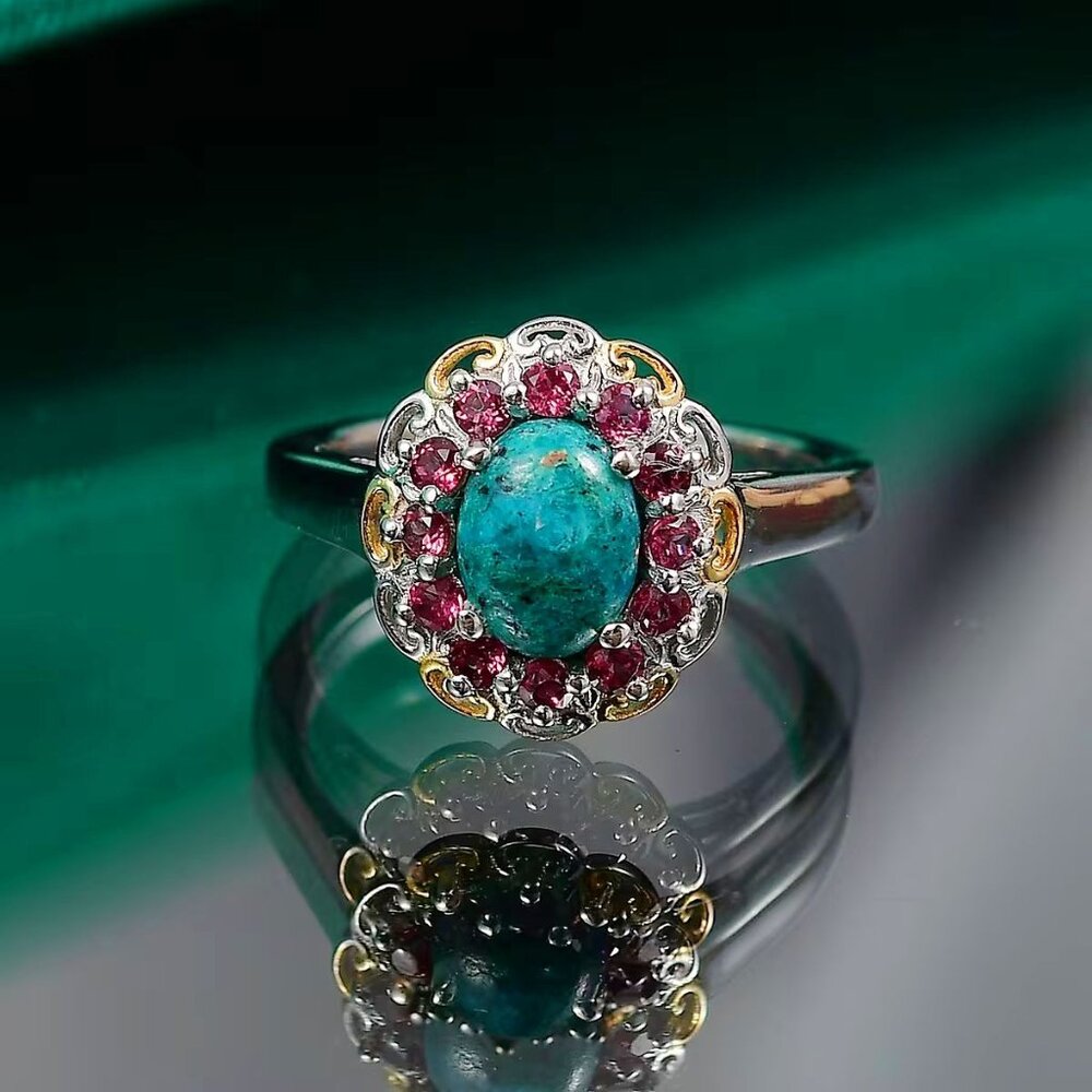 Chrysocolla ✦ Rose Garnet Floral Ring ✦ 1.80ctw 14K YG Platinum Over Silver Sz 5